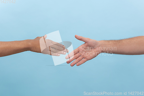 Image of Close up shot of human holding hands isolated on blue studio background.