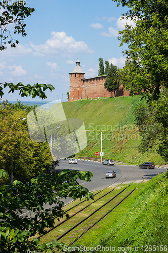 Image of Ancient tower on the green hills. Recently kremlin in Nizhny Novgorod turned 500 years