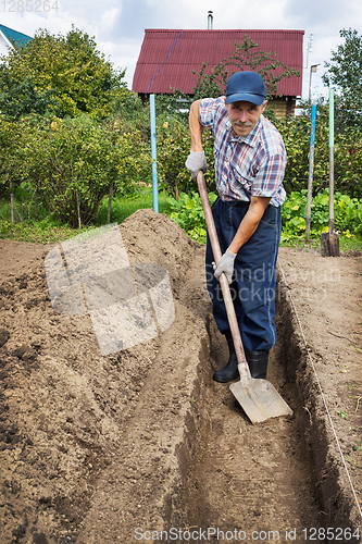 Image of Man digging earth to build deep bed of in garden