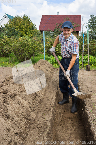 Image of Farmer digging the earth to build  deep bed of