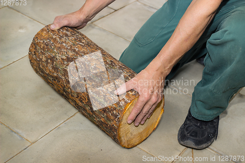 Image of Billet of logs in the hands of a carpenter