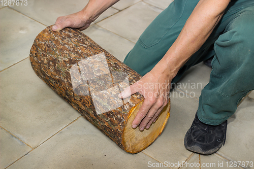 Image of Billet of logs in the hands of a carpenter