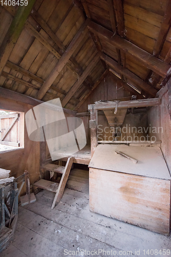 Image of interior of retro wooden watermill