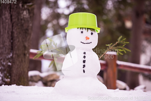 Image of smiling snowman with green hat