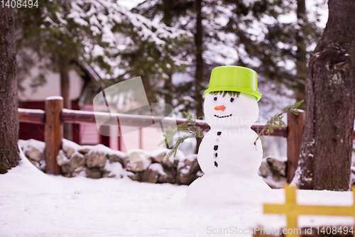 Image of smiling snowman with green hat