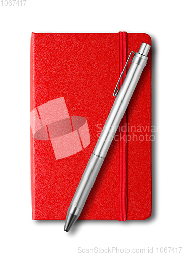 Image of Red closed notebook and pen isolated on white