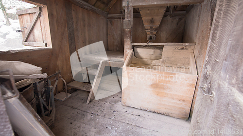 Image of interior of retro wooden watermill