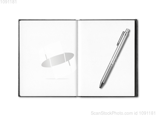 Image of Blank open notebook and pen isolated on white
