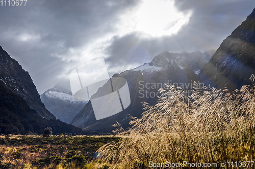 Image of Fiordland national park stormy landscape, New Zealand