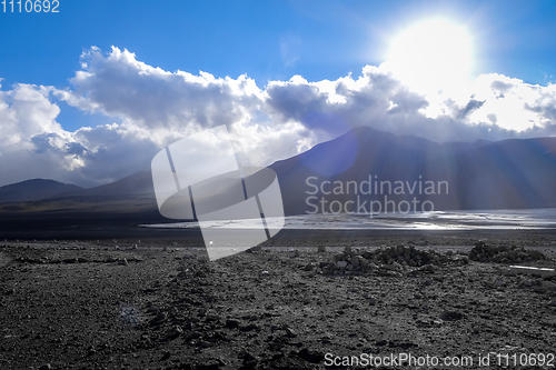 Image of Sunset on laguna colorada in sud Lipez Altiplano reserva, Bolivi