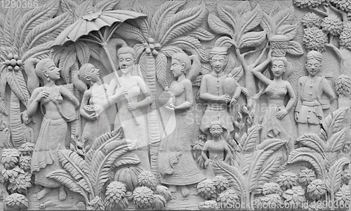 Image of Bas-relief on cement plaster in Thai style, Thailand