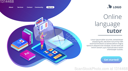 Image of Online language school isometric 3D landing page.