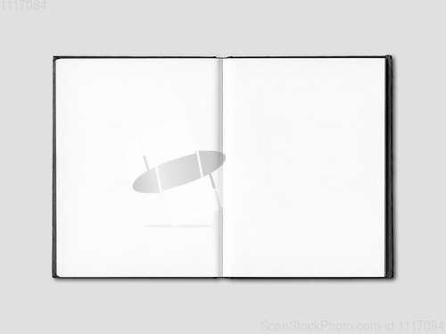 Image of Blank open notebook isolated on grey