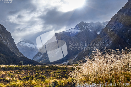 Image of Fiordland national park stormy landscape, New Zealand