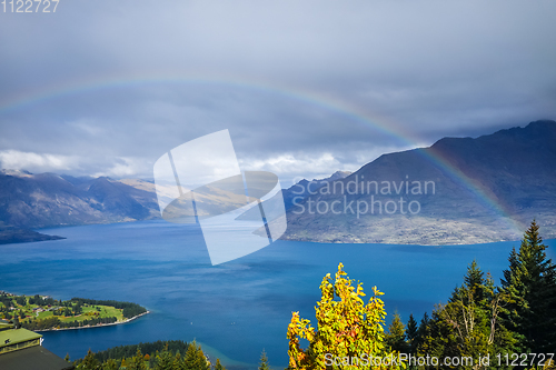 Image of Rainbow on Lake Wakatipu and Queenstown, New Zealand