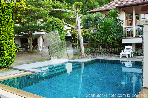 Image of Small pool with blue bottom outdoors