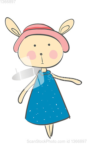 Image of A little cartoon hare wearing a lovely blue dress and a pink hea