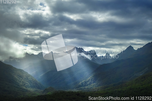 Image of Fiordland national park stormy landscape, New Zealand