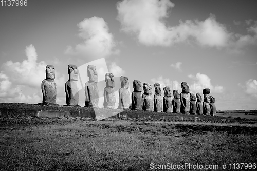 Image of Moais statues, ahu Tongariki, easter island. Black and white pic