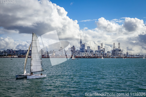 Image of Auckland view from the sea and sailing ship, New Zealand