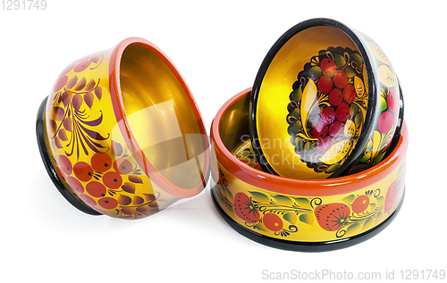 Image of Three wooden  bowls, painted with floral ornament in style of Khokhloma