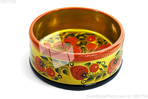 Image of Wooden not deep bowl, painted with floral ornament in style of Khokhloma