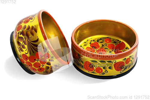 Image of Two wooden  bowls, painted with floral ornament in style of Khokhloma