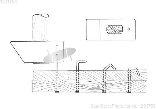 Image of Bending nails through holes drilled gavel. Sketch