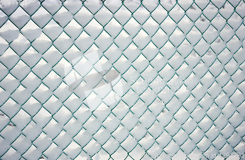 Image of Snow-covered fence, metal mesh in in frost