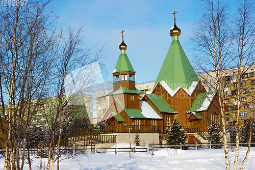 Image of Winter in city Polyarnye Zori, Russia, new temple