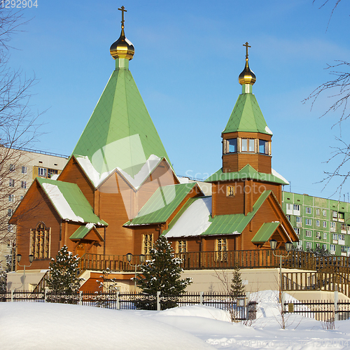 Image of Orthodox Church in Northern town of Russia. Winter