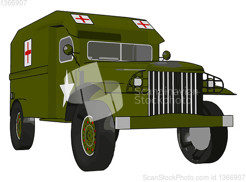 Image of 3D vector illustration of a green medical military vehicle on a 