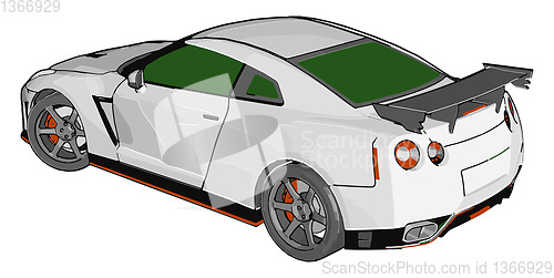 Image of White race car with green windows and orange detailes and grey r