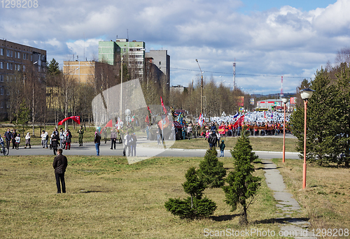 Image of Immortal Regiment marches enter city. Polyarnye Zori. Russia