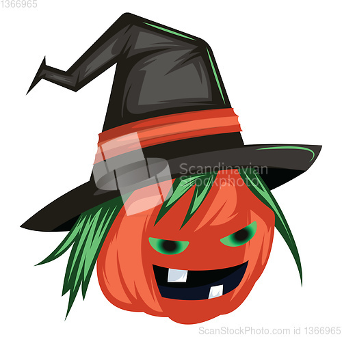 Image of Scary evil pumpkin cartoon character with big black witch hat ve