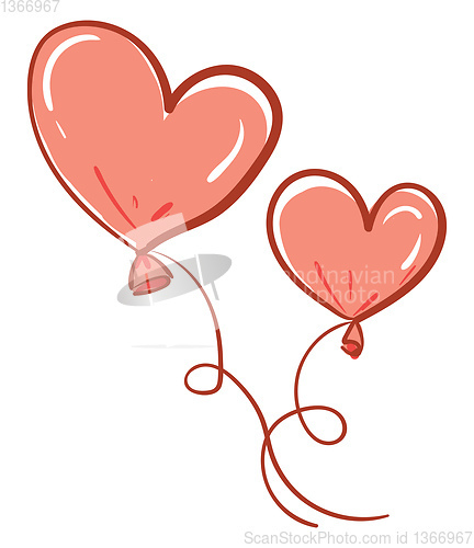 Image of Two red heart-shape balloon tied to individual strings is floati