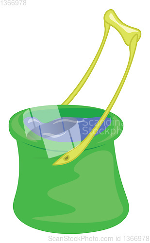 Image of A green bucket with a yellow handle is filled with clean water v