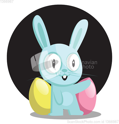 Image of Blue bunny with blue and pink egg in front of black circle illus