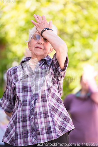 Image of senior woman exercising with friends