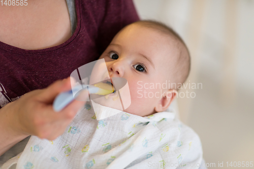 Image of mother with spoon feeding little baby