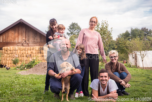 Image of portrait of happy family at farm