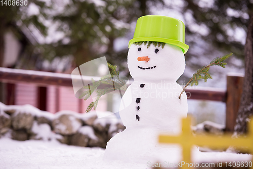 Image of smiling snowman with green hat