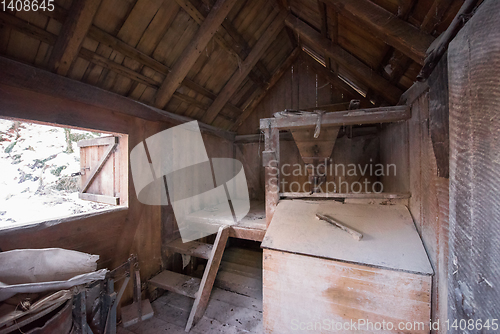 Image of interior of retro wooden watermill