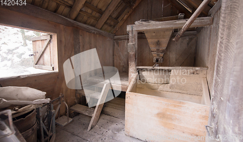 Image of interior of retro wooden watermill