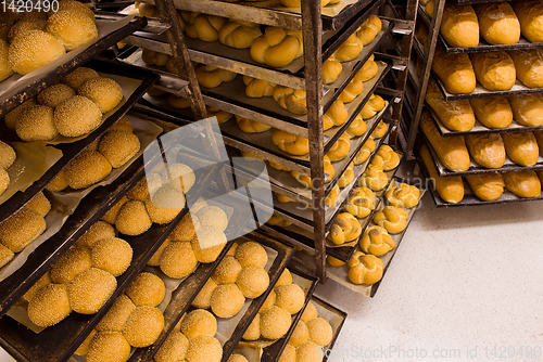 Image of bread bakery food factory production with fresh products