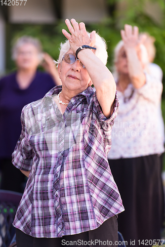 Image of senior woman exercising with friends