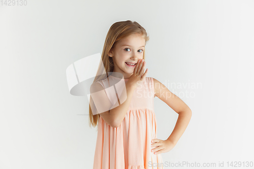 Image of Little smiling girl posing in dress on white studio background