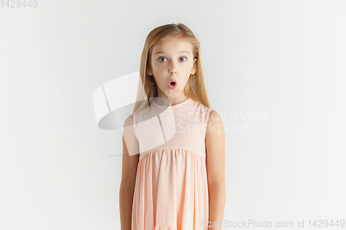 Image of Little smiling girl posing in dress on white studio background
