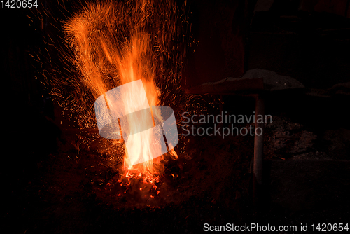 Image of Traditional blacksmith furnace with burning fire