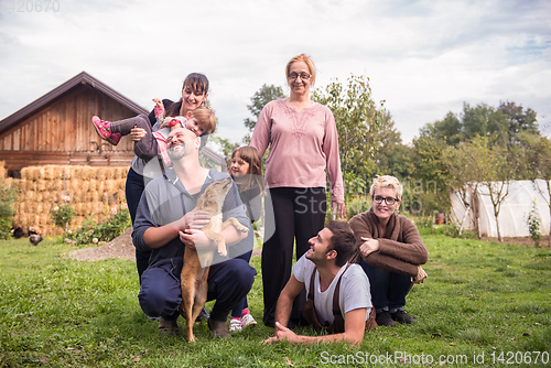 Image of portrait of happy family at farm